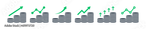 Set of increase income vector icons. Graph with rise money. Arrow up. Growth profit. Business diagram.