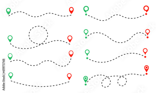 Path with location pins. Dotted distance from one point to another. Road route. Curve route. Vector set.
