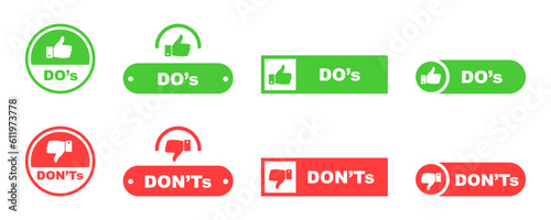 Do and don't. Positive vs negative. True or false. Accept and reject. Correct versus wrong. Red, green sign. Vector set.