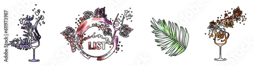 Colorful wine designs. Collection of wine elements. Hand drawn. Designs for advertising banners, menus and invitation cards. Wine glasses with splashing wine. Sketch vector illustration.