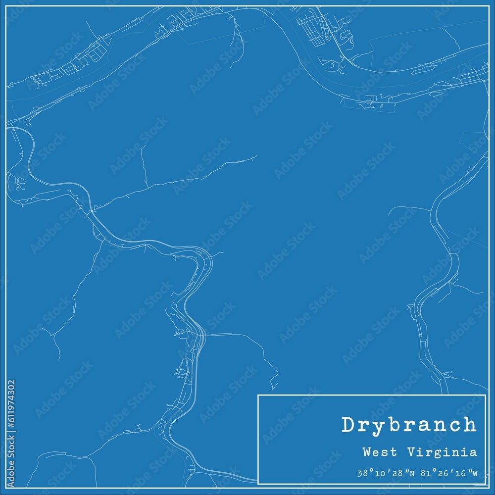Blueprint US city map of Drybranch, West Virginia.