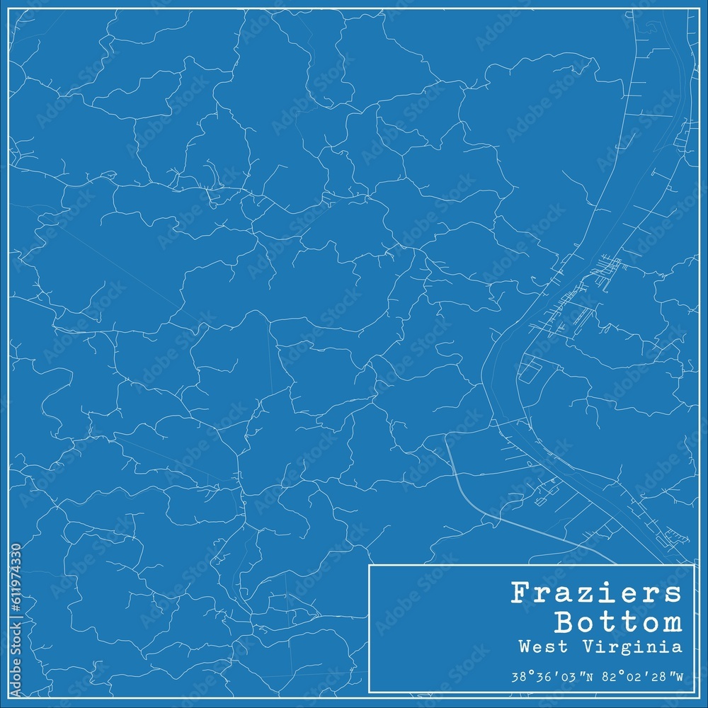 Blueprint US city map of Fraziers Bottom, West Virginia.