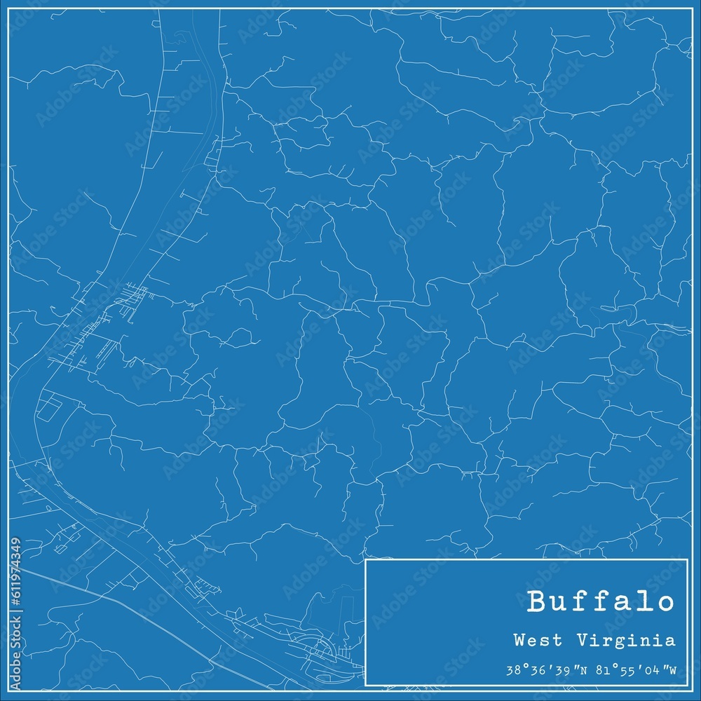 Blueprint US city map of Buffalo, West Virginia.