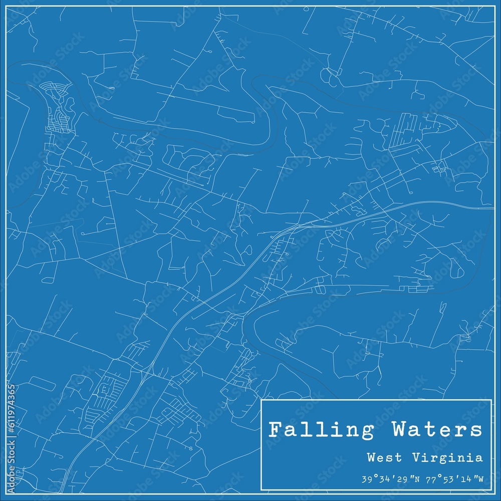 Blueprint US city map of Falling Waters, West Virginia.