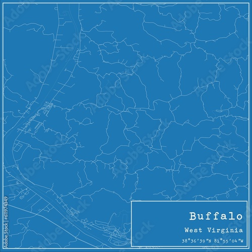 Blueprint US city map of Buffalo, West Virginia.