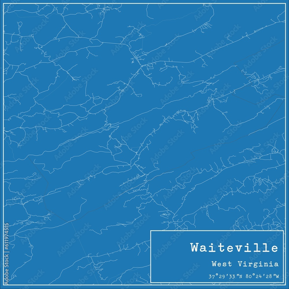 Blueprint US city map of Waiteville, West Virginia.