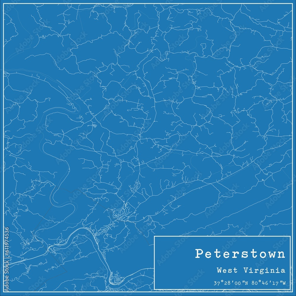 Blueprint US city map of Peterstown, West Virginia.
