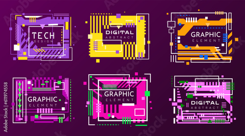 Futuristic geometric banner set. Modern technology banners collection in cyberpunk style. Futuristic hi-tech badges for digital products promotion