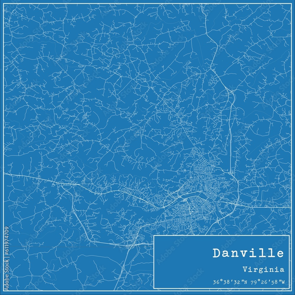 Blueprint US city map of Danville, Virginia.