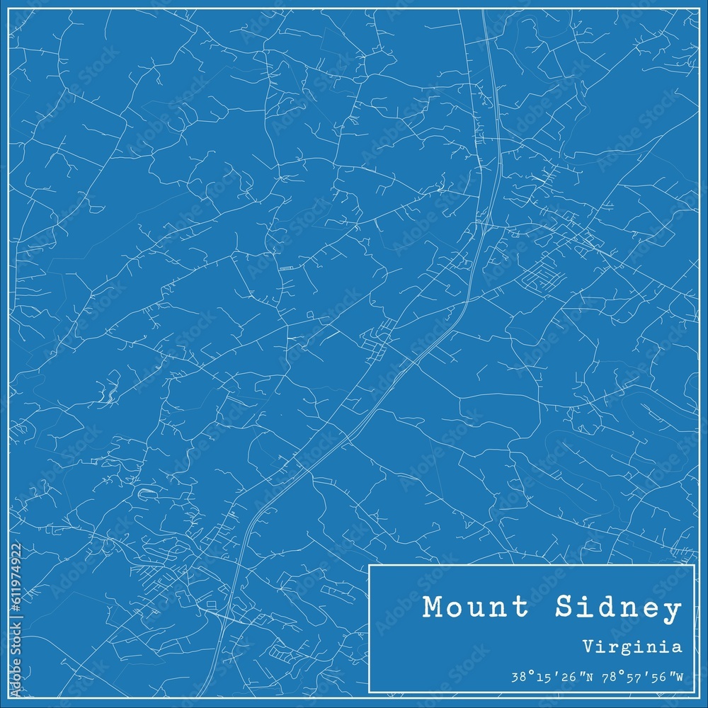 Blueprint US city map of Mount Sidney, Virginia.