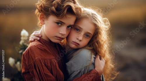 Siblings embracing tightly, radiating love and sibling connection. Generative ai.