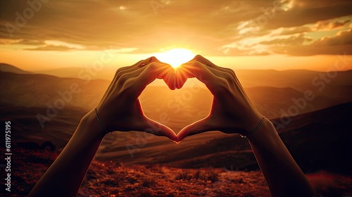 Two hands forming a heart shape against a picturesque sunset  symbolizing love and connection. Generative ai.