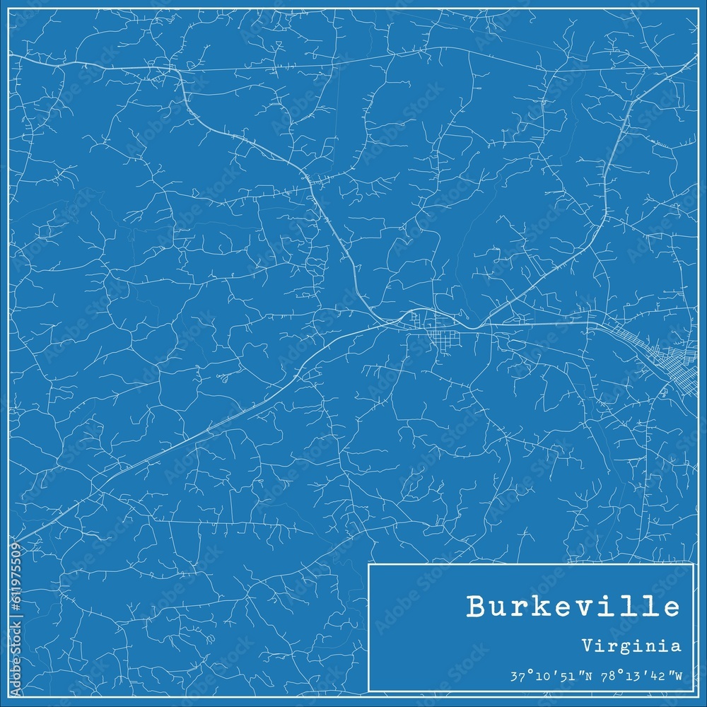 Blueprint US city map of Burkeville, Virginia.