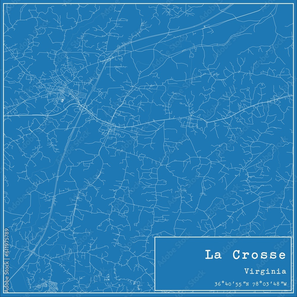 Blueprint US city map of La Crosse, Virginia.