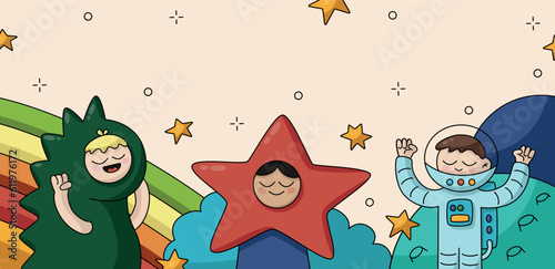 Vector colorful cartoon background banner three kids in costumes