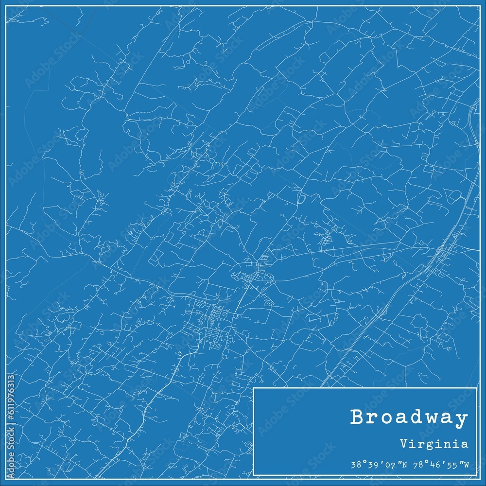 Blueprint US city map of Broadway, Virginia.