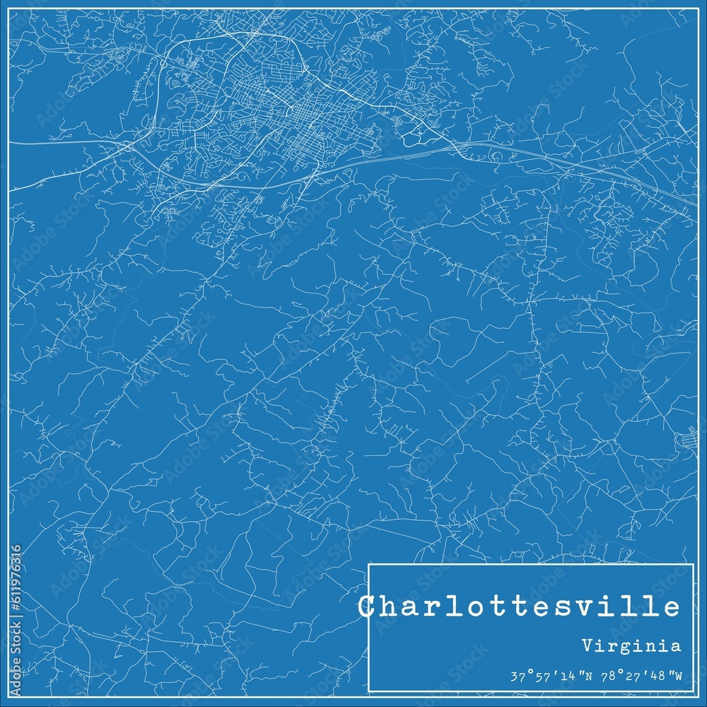 Blueprint US city map of Charlottesville, Virginia.