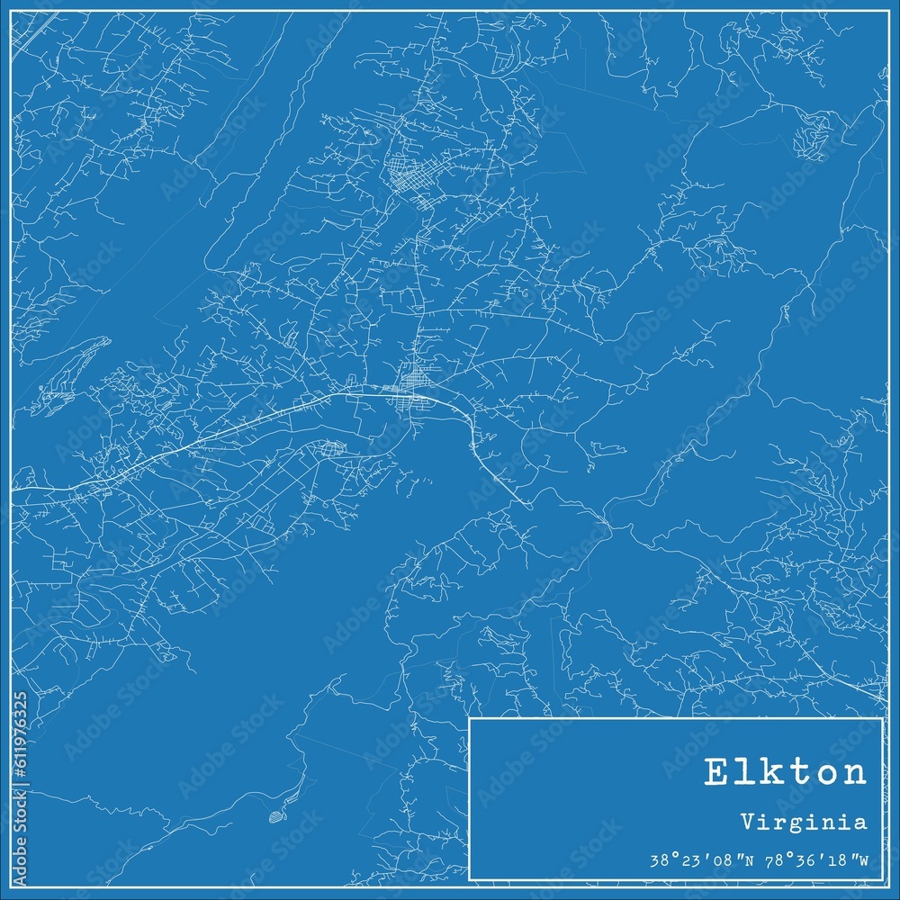 Blueprint US city map of Elkton, Virginia.