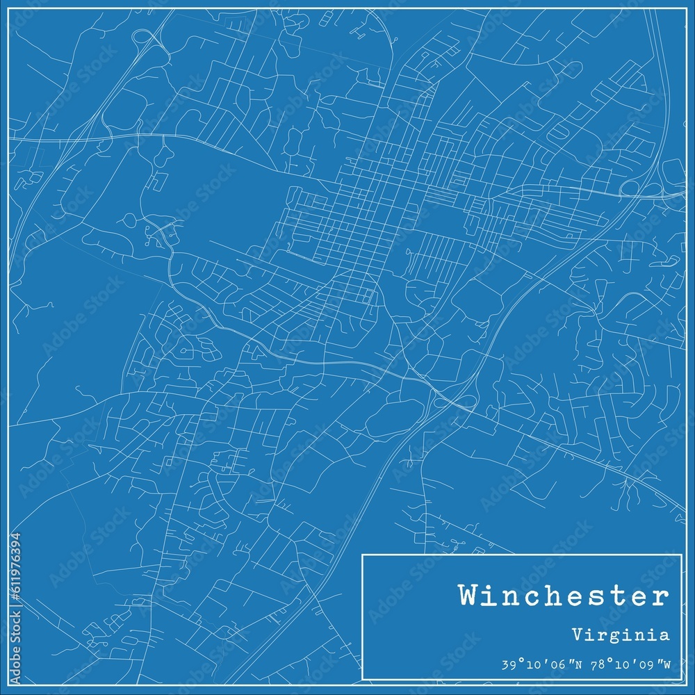 Blueprint US city map of Winchester, Virginia.