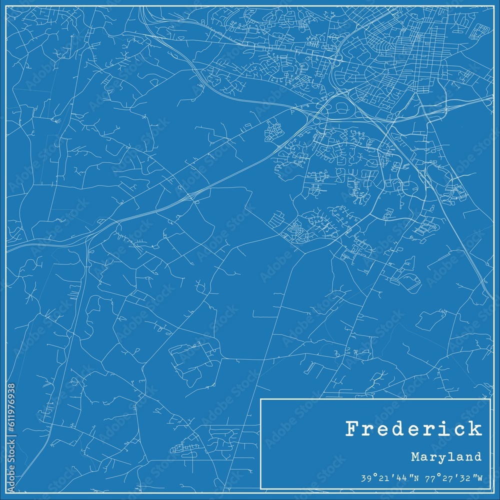 Blueprint US city map of Frederick, Maryland.