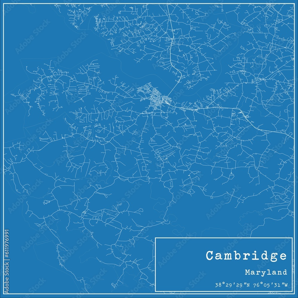 Blueprint US city map of Cambridge, Maryland.