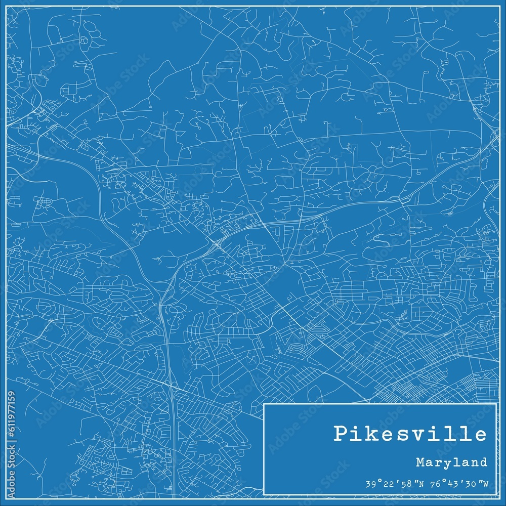 Blueprint US city map of Pikesville, Maryland.