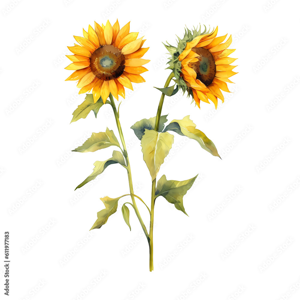 Fototapeta premium Watercolor sunflower hand painted illustration, perfect for wedding invitation, greeting card, fabric, textile, wallpaper, ceramics, branding, web design, stationery, cosmetic, social media, scrapbook