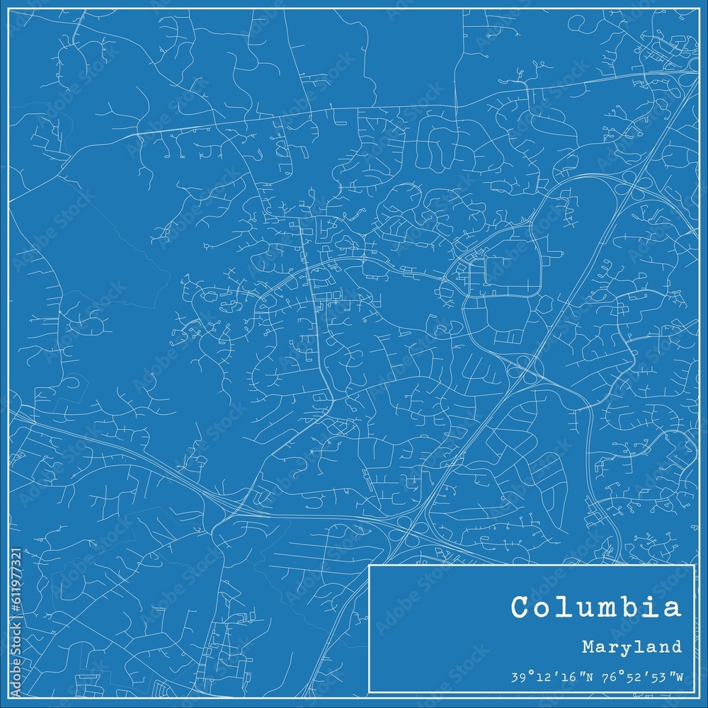 Blueprint US city map of Columbia, Maryland.