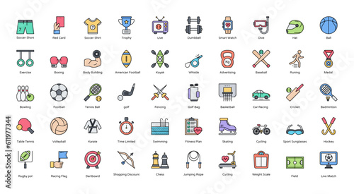Sport Line Color Iconset Badminton Climbing Fitness Filled Outline Icon Bundle