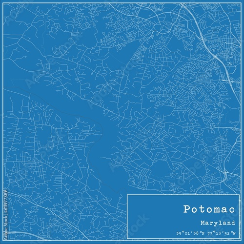 Blueprint US city map of Potomac, Maryland.