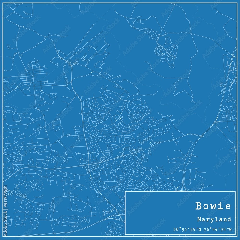 Blueprint US city map of Bowie, Maryland.