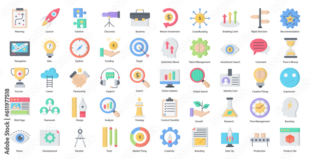 Startup Flat Icons Job Branding Work Icon Set in Color Style 50 Vector Icons Startup Flat Icons Job Branding Work Icon Set in Color Style 50 Vector Icons