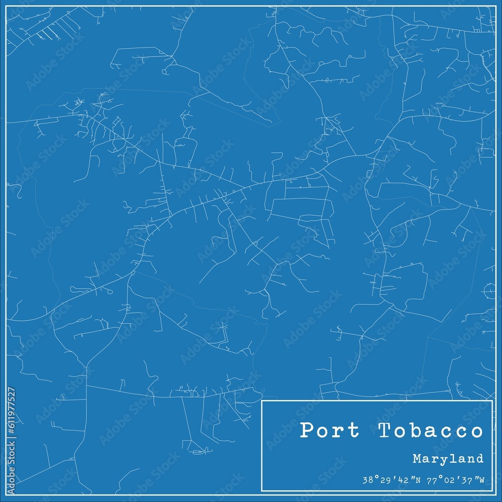 Blueprint US city map of Port Tobacco, Maryland.