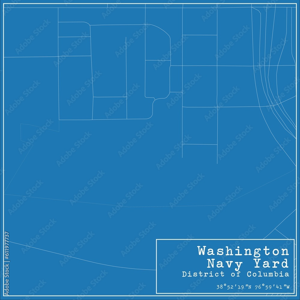 Blueprint US city map of Washington Navy Yard, District of Columbia.