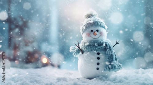 Snowman in the snow in the style of bokeh panorama 