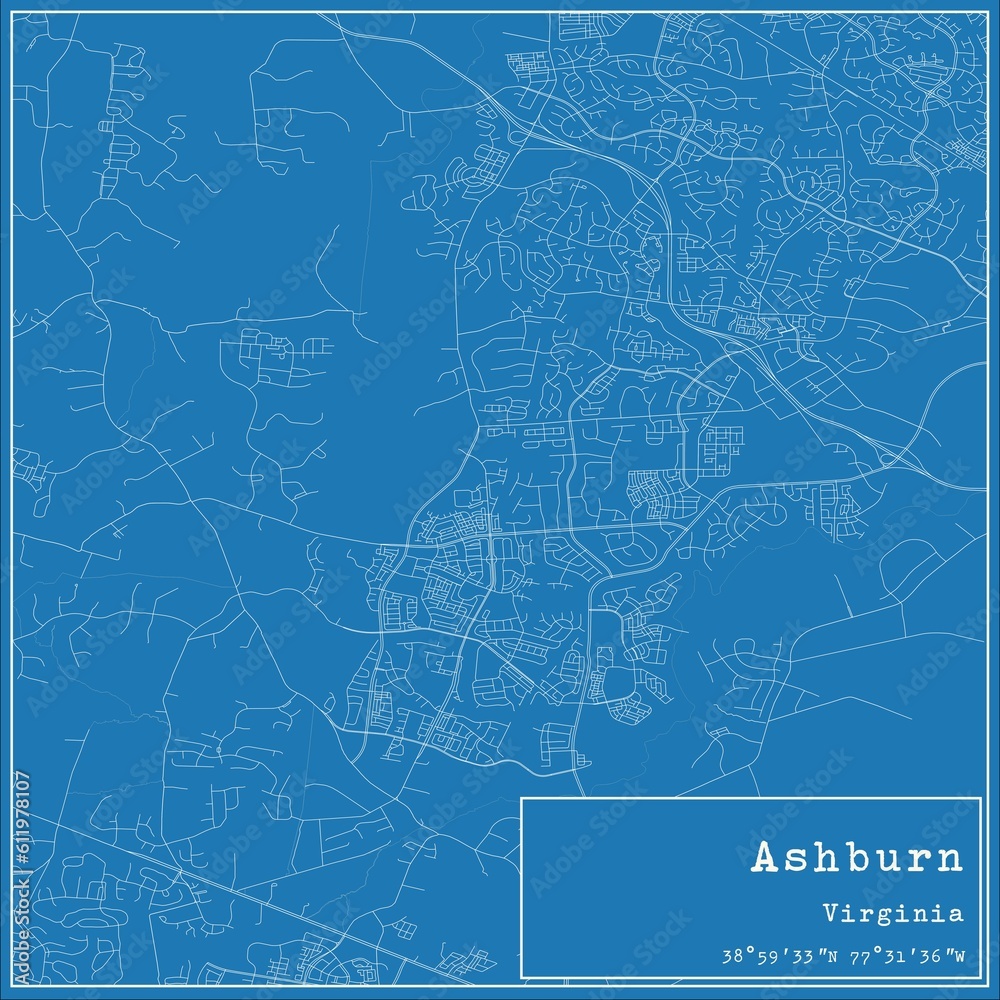 Obraz premium Blueprint US city map of Ashburn, Virginia.