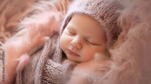 Sleeping newborn smiling baby, soft colorful