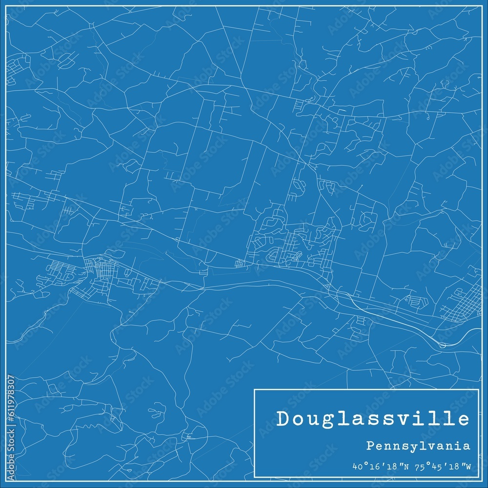 Blueprint US city map of Douglassville, Pennsylvania.