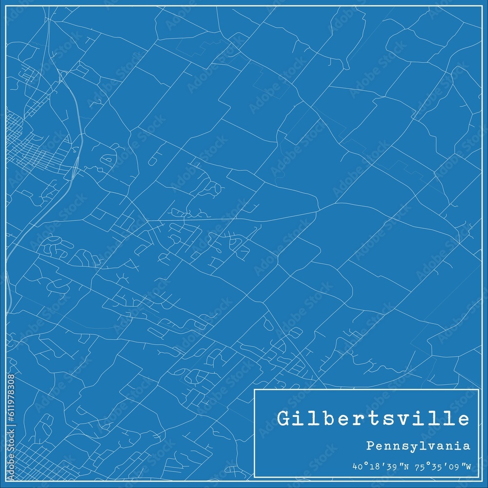 Blueprint US city map of Gilbertsville, Pennsylvania.