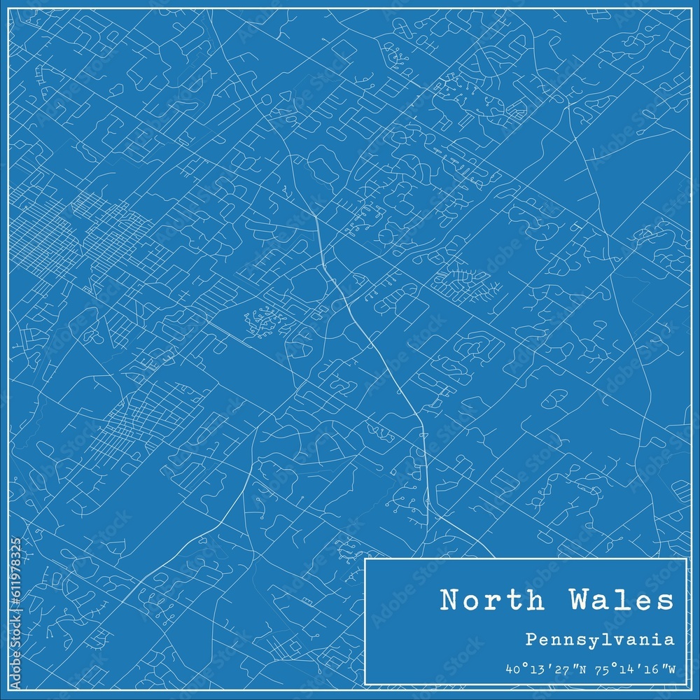 Blueprint US city map of North Wales, Pennsylvania.