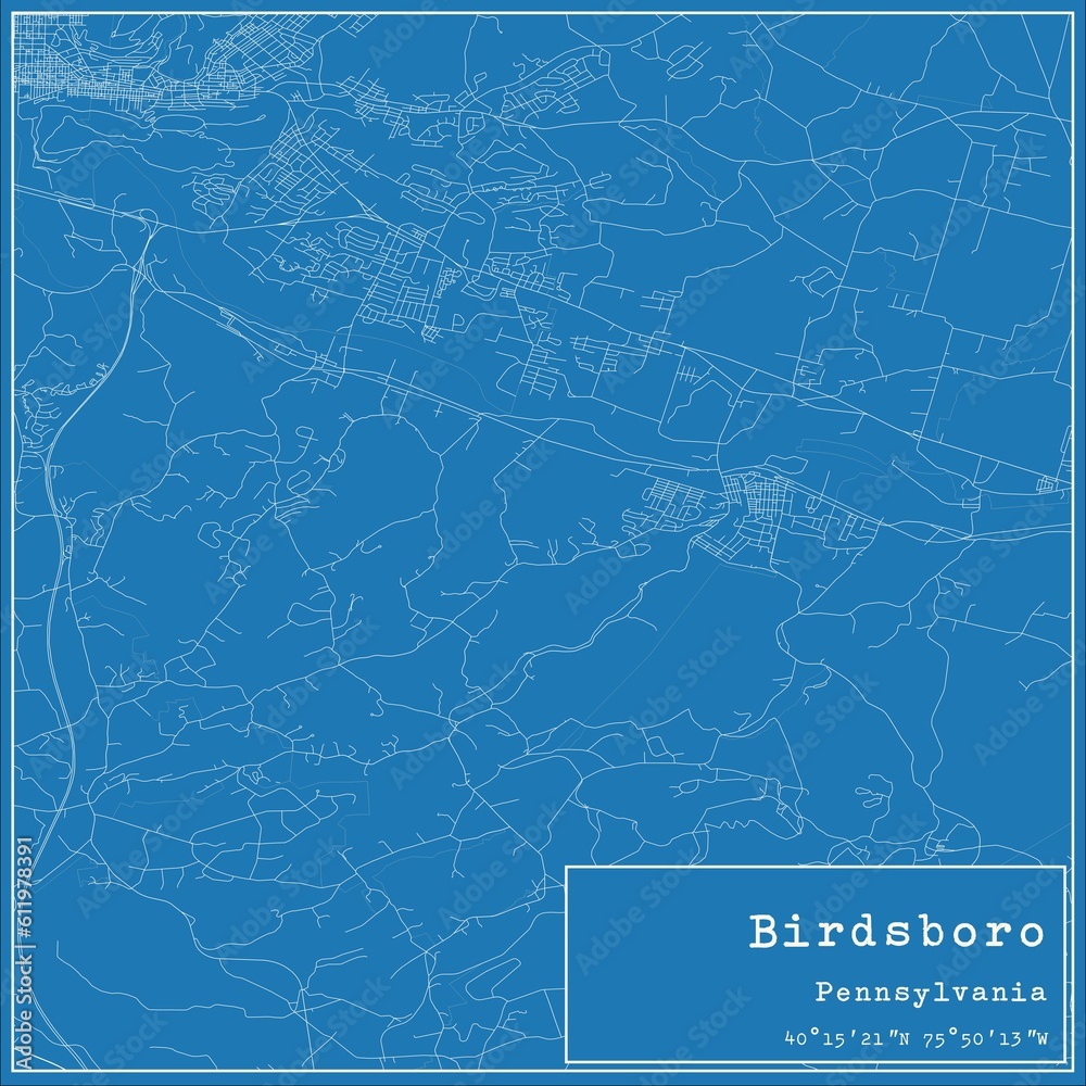 Blueprint US city map of Birdsboro, Pennsylvania.