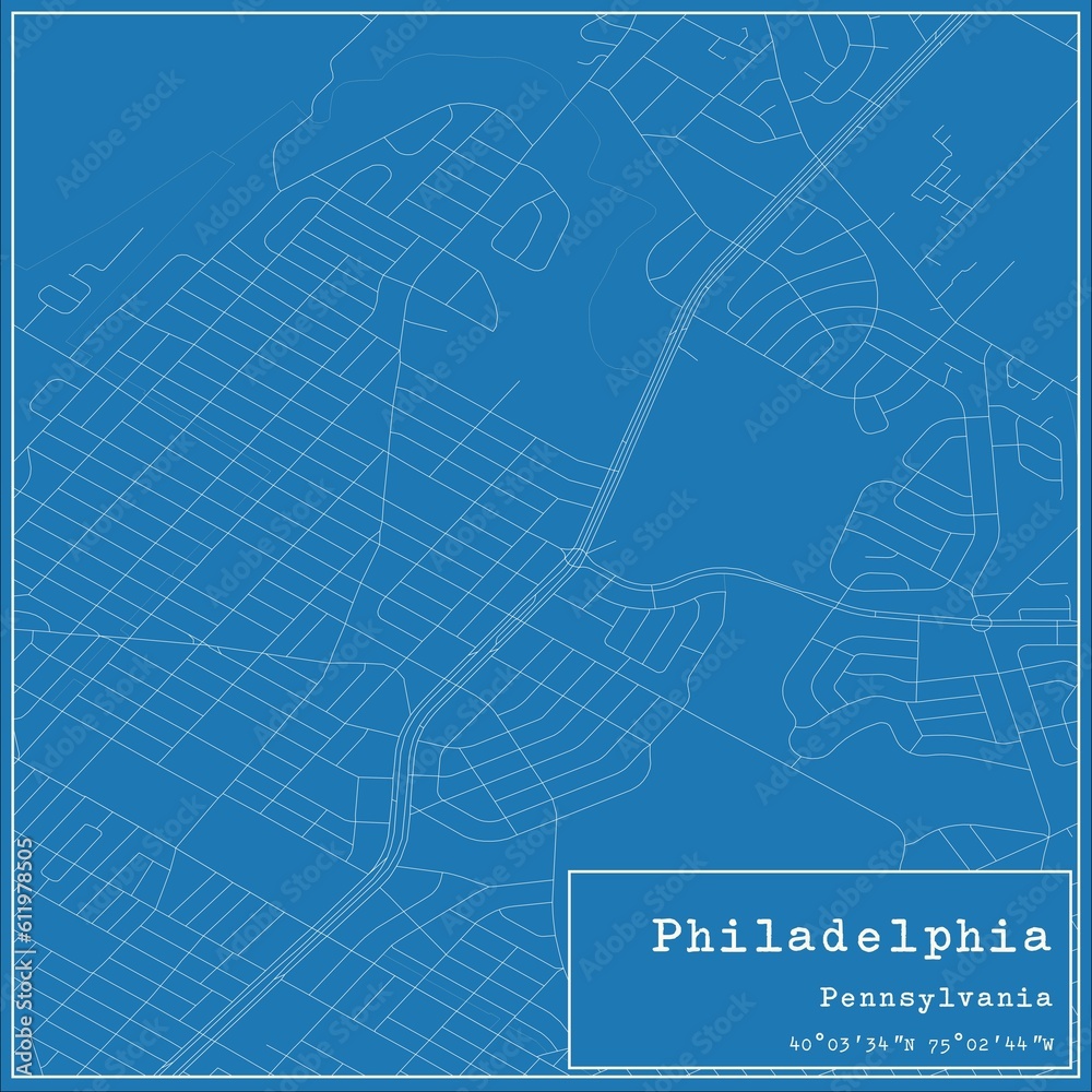 Blueprint US city map of Philadelphia, Pennsylvania.