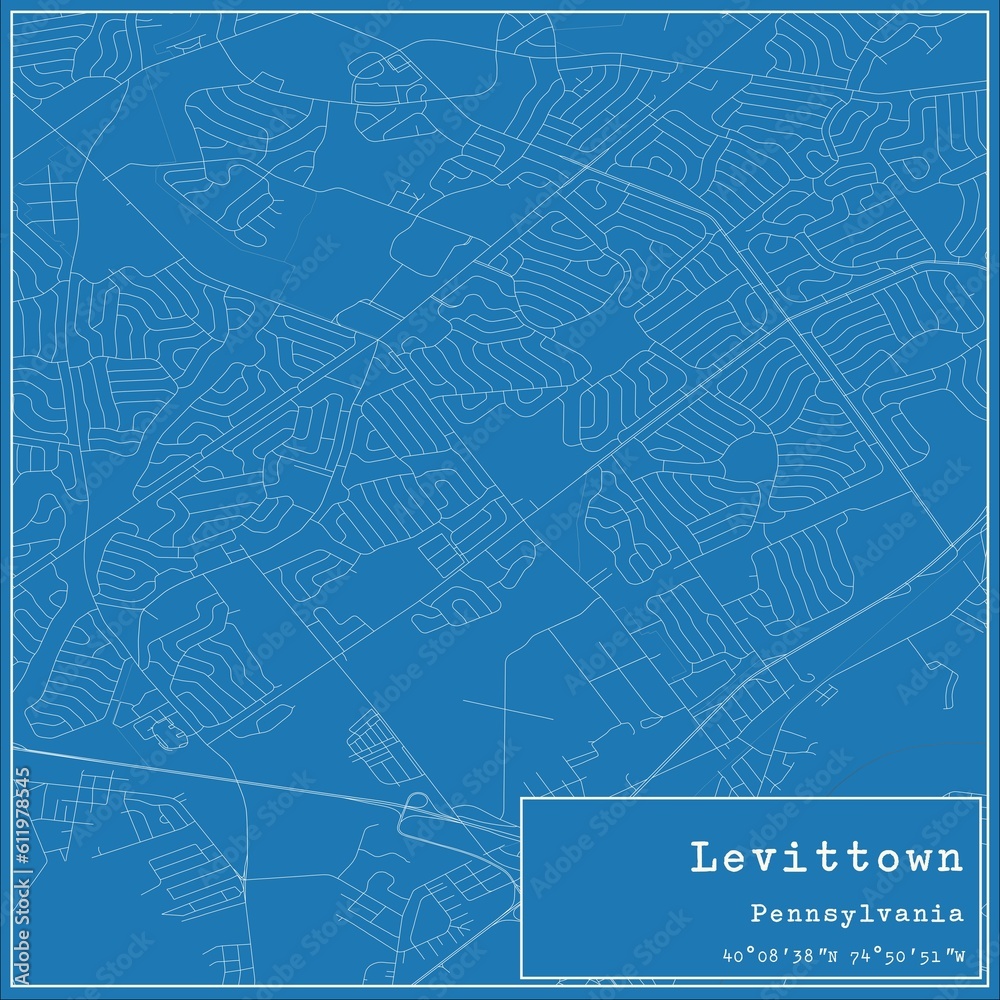 Blueprint US city map of Levittown, Pennsylvania.