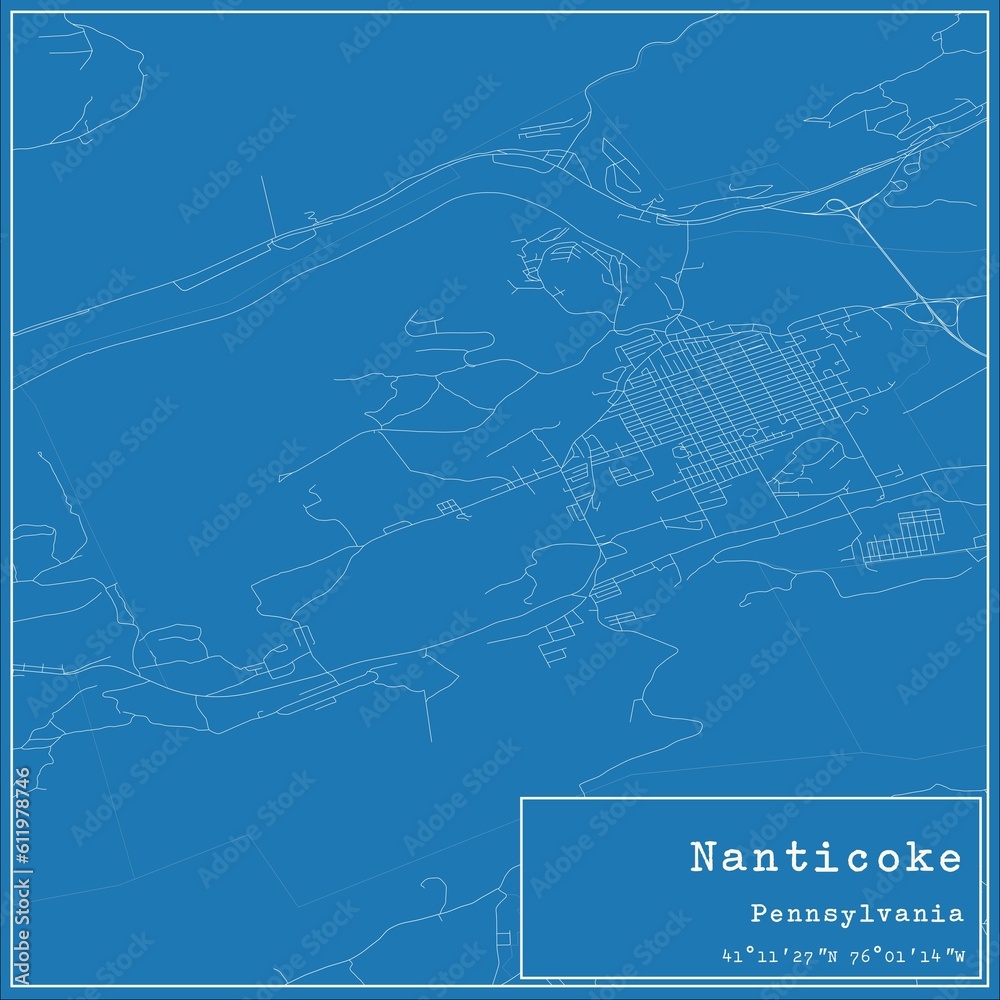 Blueprint US city map of Nanticoke, Pennsylvania.