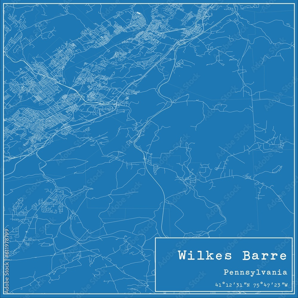 Blueprint US city map of Wilkes Barre, Pennsylvania.