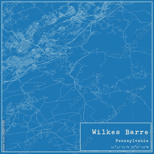 Blueprint US city map of Wilkes Barre, Pennsylvania.