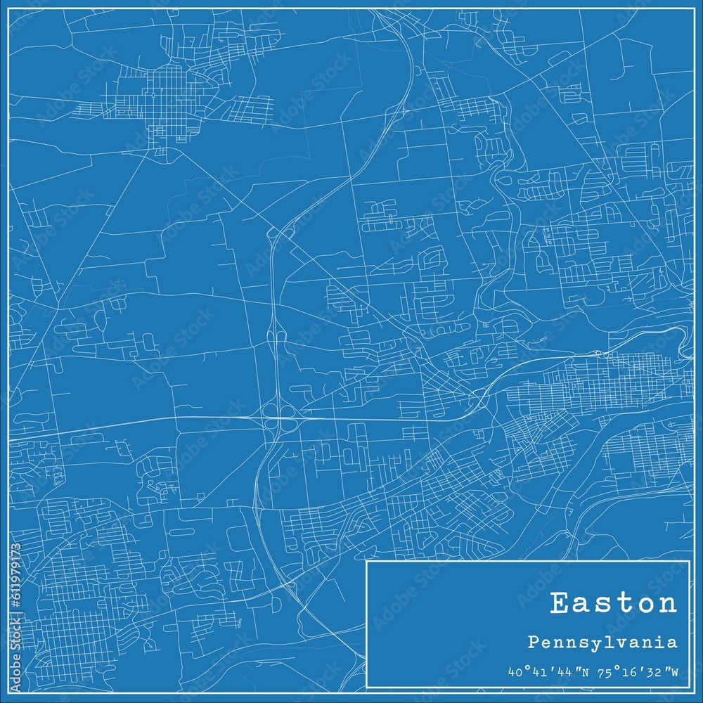 Blueprint US city map of Easton, Pennsylvania.