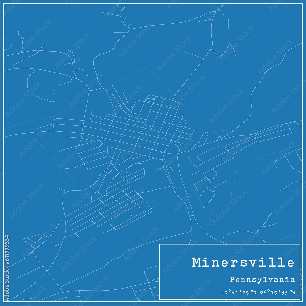 Blueprint US city map of Minersville, Pennsylvania.