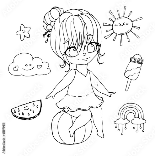 vector coloring page with cute cartoon girl. avatar, line art	