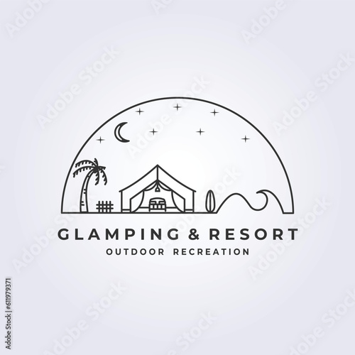 Glamping resort outdoor recreation emblem logo line art vector illustration design
